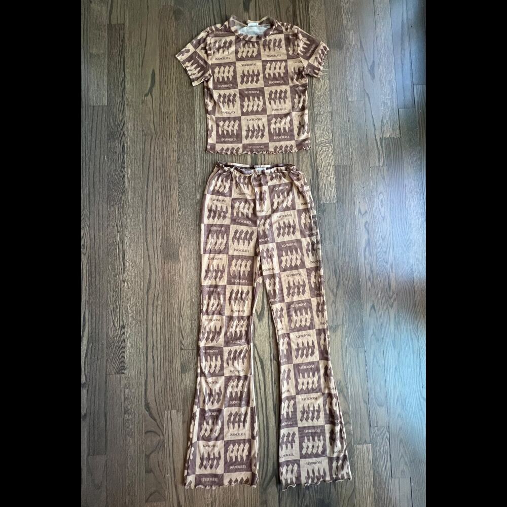 Inamorata Sheer Torso Mesh Print Bambi Baby Tee & Beachwood Pant Set Coverup M - Picture 3 of 16